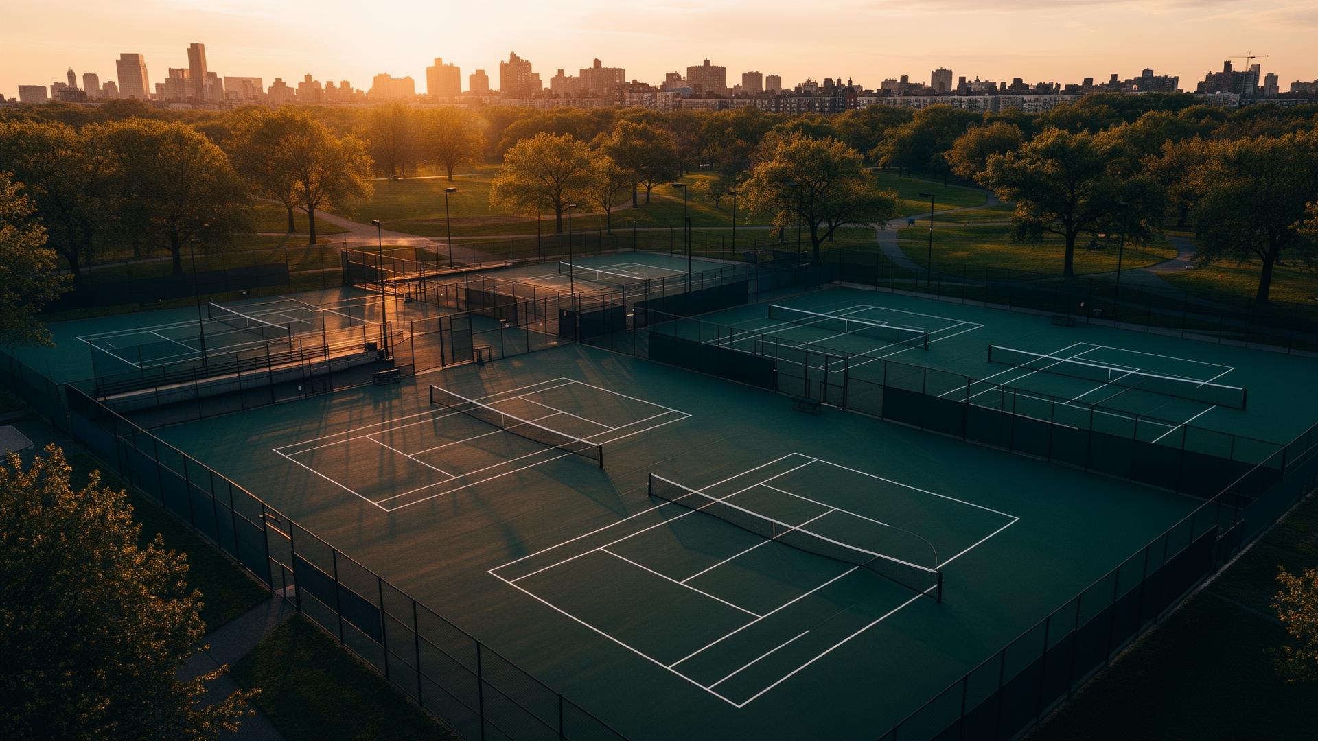 Aerial view of city tennis courts at sunset