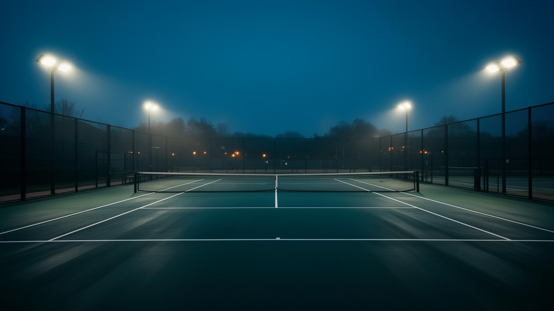 Floodlit city tennis courts at dusk